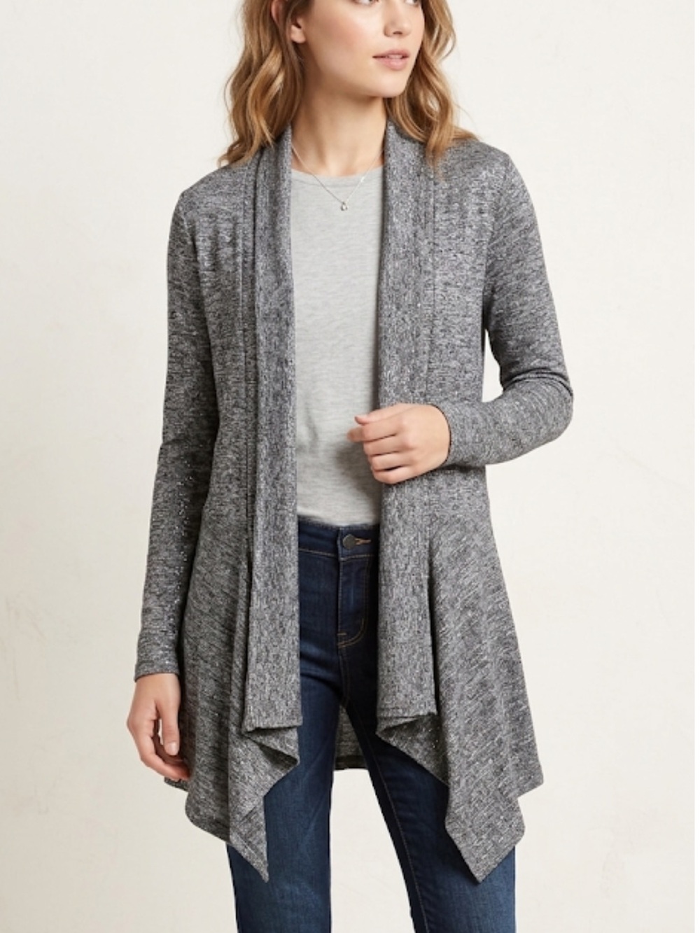 Apt. 9 Women's Gray Metallic Open-Front Waterfall Cardigan